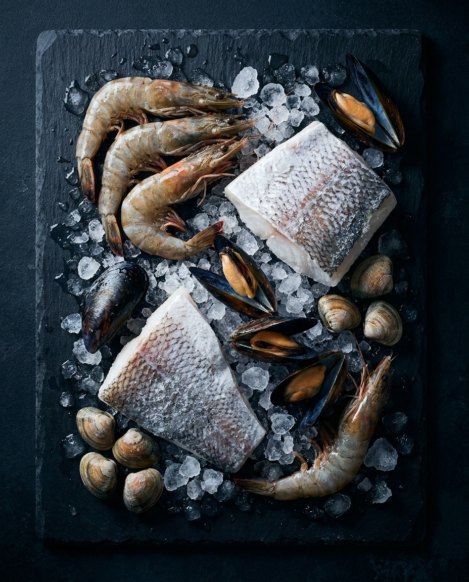 Assorted frozen seafood on ice
