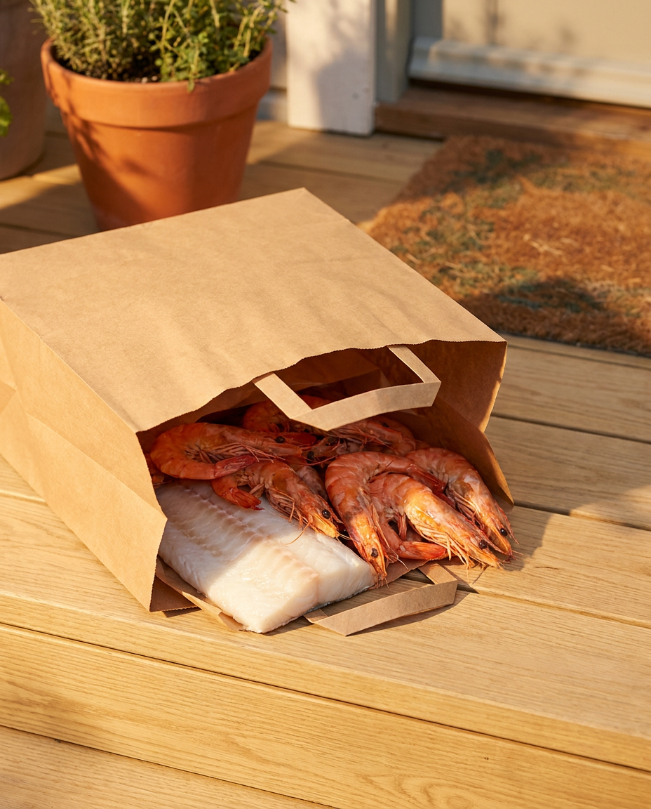 Seafood delivery bag on doorstep