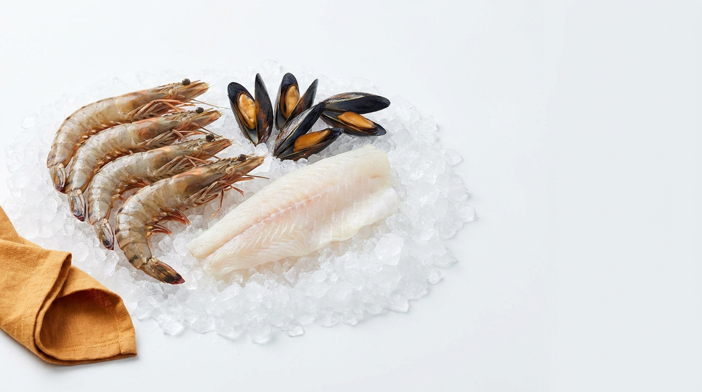 Frozen seafood on ice, clean studio shot