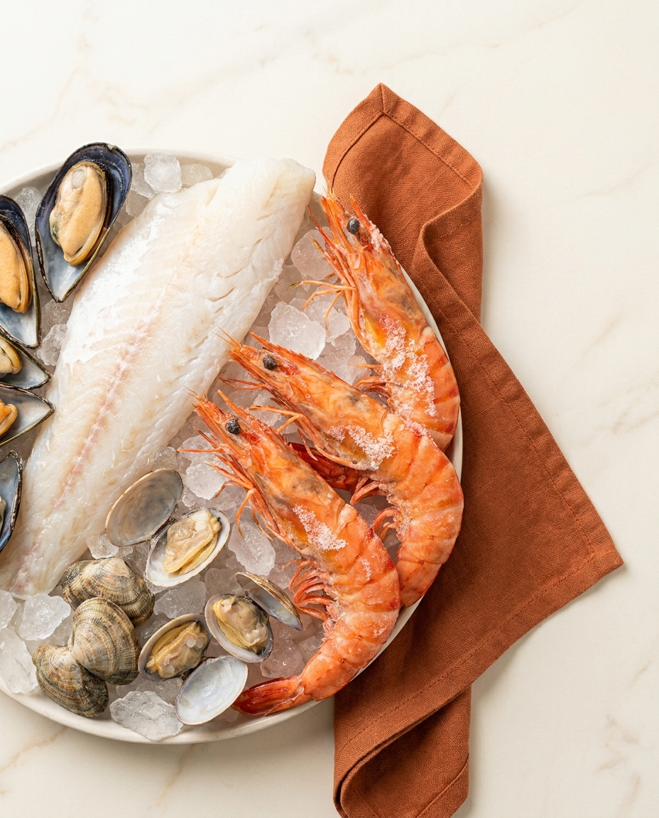 Big meaty cooked prawns frosted with ice with fish fillet and shellfish