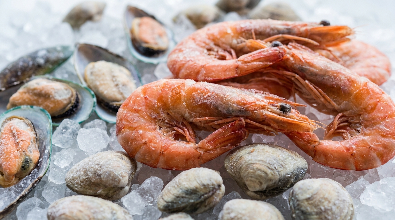Close up of frosted cooked prawns, mussels and clams