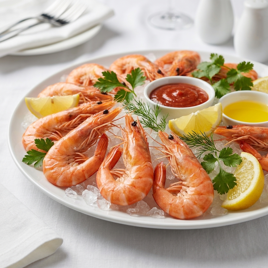 Whole Cooked Vannamei Prawns - cooked and plated