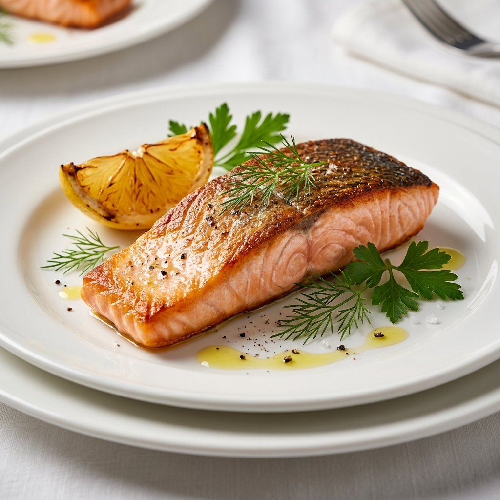 Salmon Portion Skin On - cooked and plated