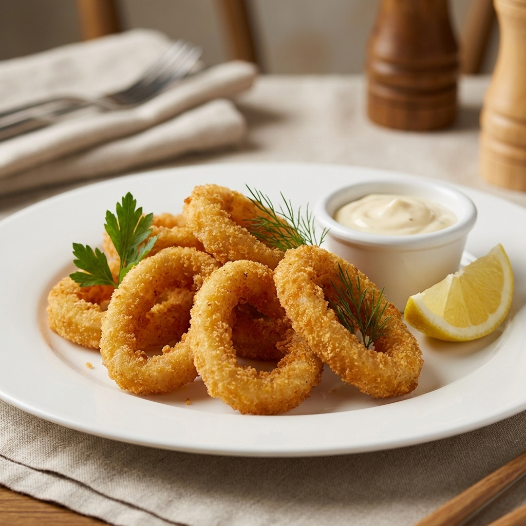 Crumbed Squid Rings - cooked and plated