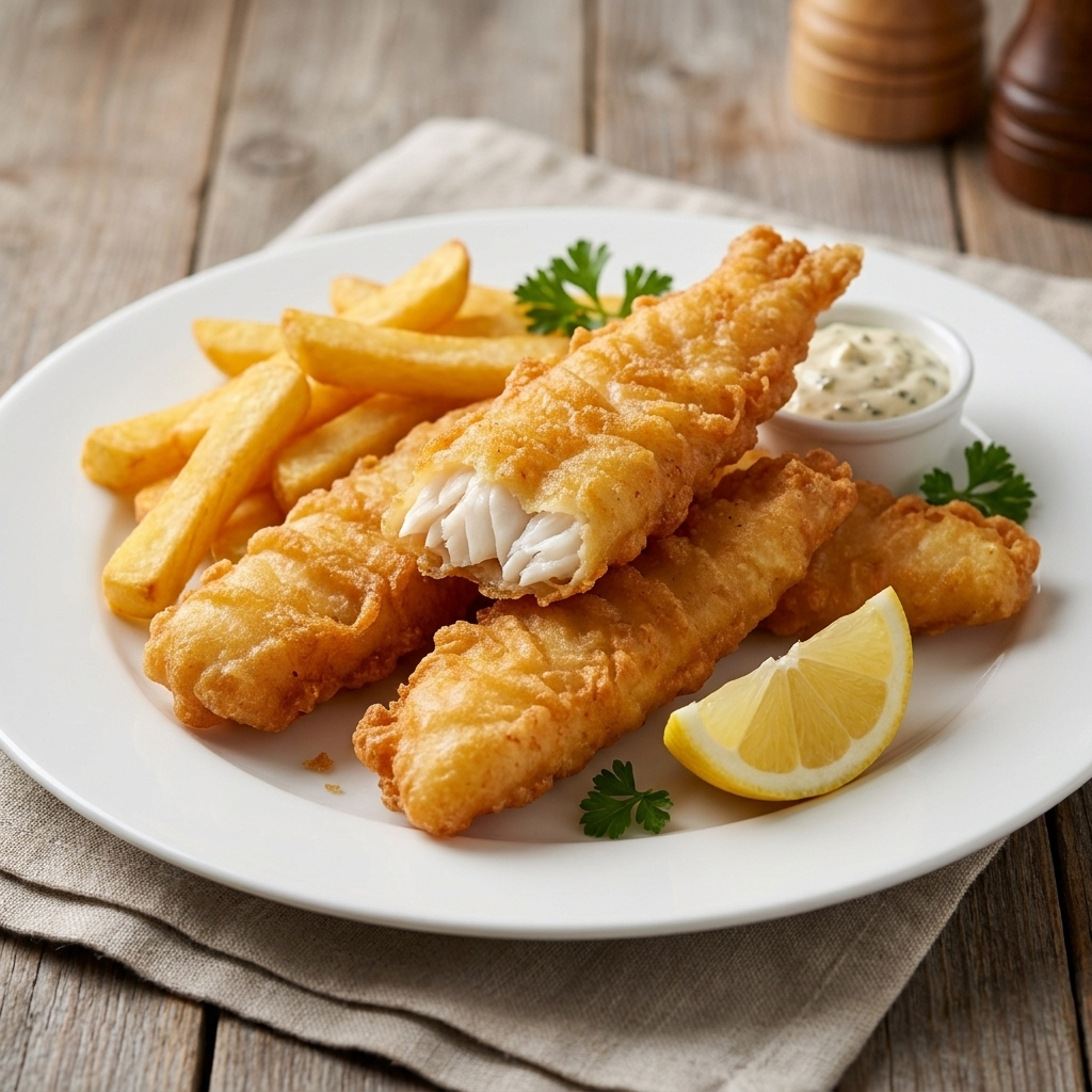 Crunchy Battered Whiting - cooked and plated