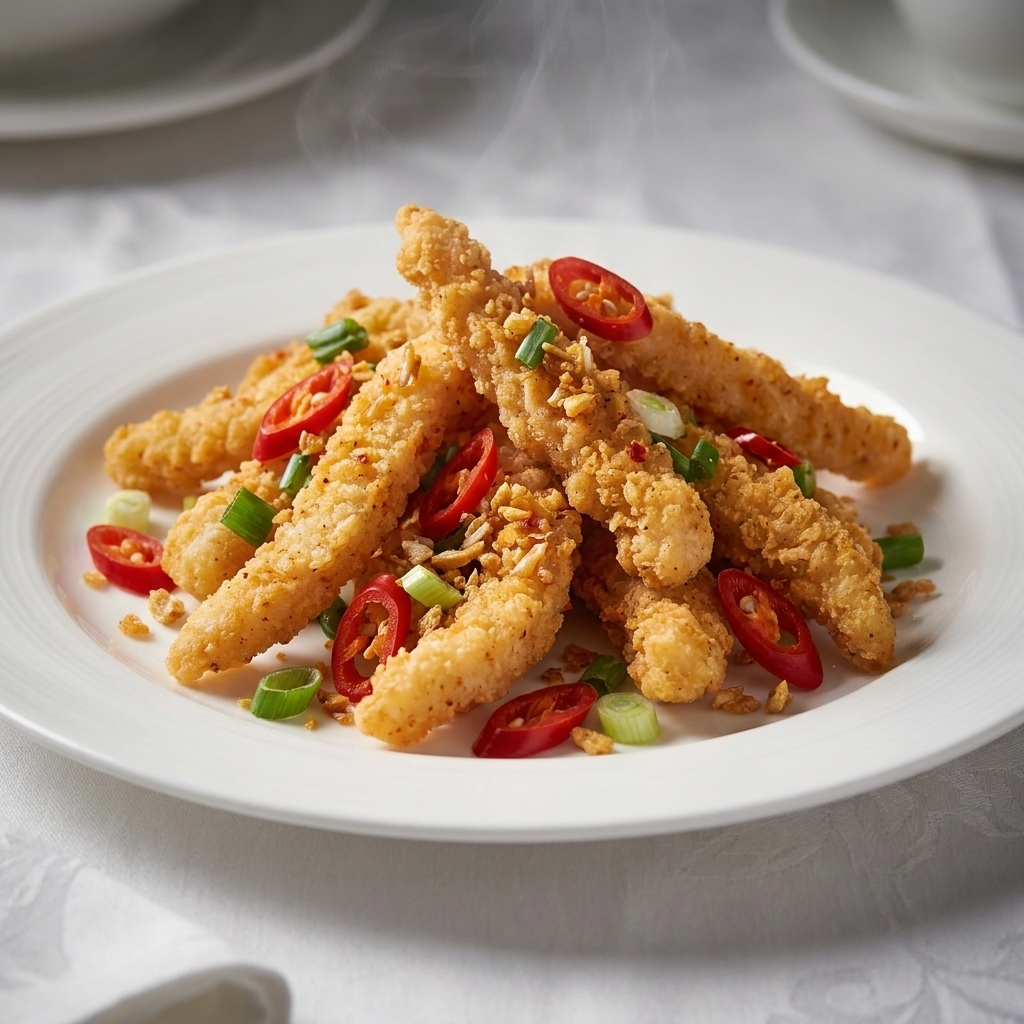 Ocean King Salt & Chilli Squid Strips - cooked and plated