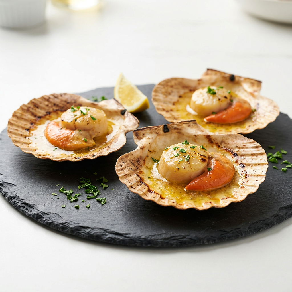 Japanese Half Shell Scallops (Roe On) - cooked