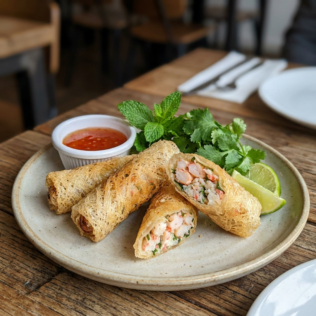 Rice Skin Net Spring Roll - Seafood - cooked and plated
