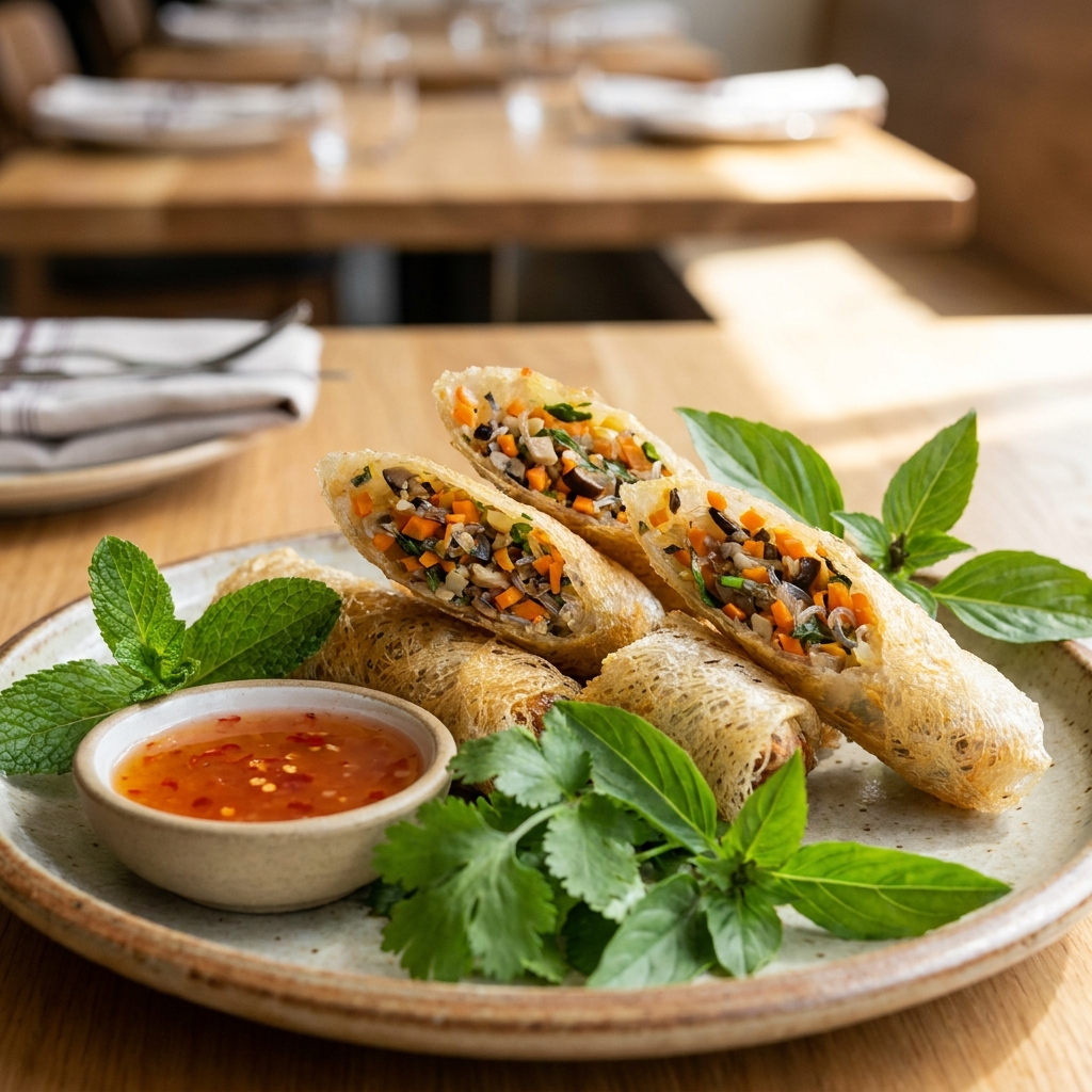 Rice Skin Net Spring Roll - Vegetable - cooked and plated