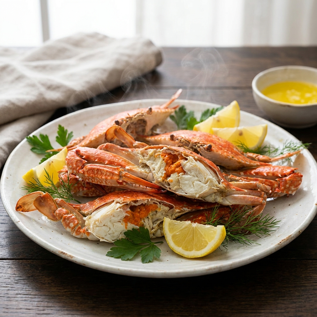 Cooked Half Cut Blue Swimmer Crab, plated
