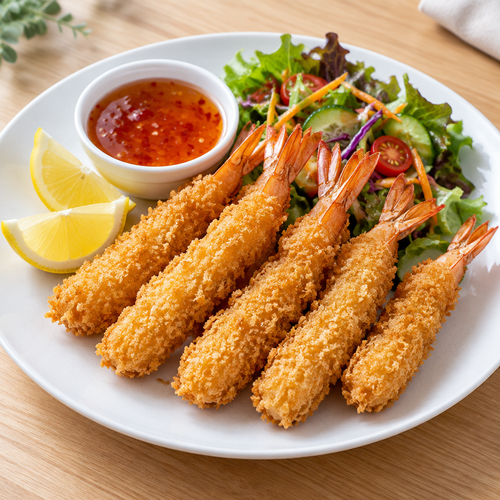 Cooked panko crumbed prawns served with sweet chilli sauce, lemon and salad