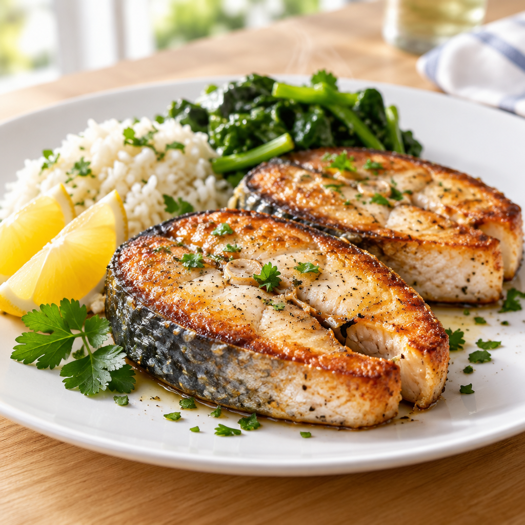 Pan-fried Spanish mackerel cutlets served with rice, greens and lemon