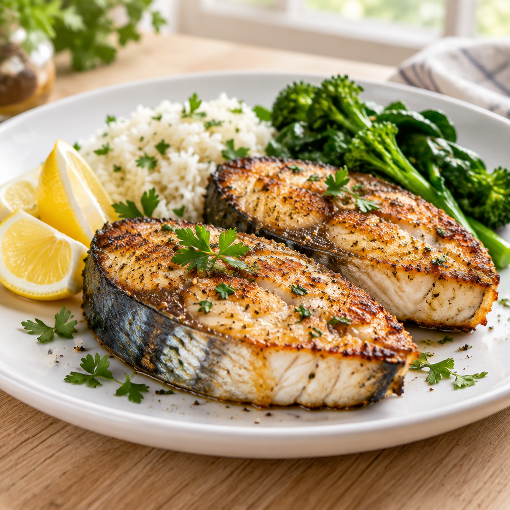 Seared Spanish mackerel cutlets plated with rice, broccolini and lemon