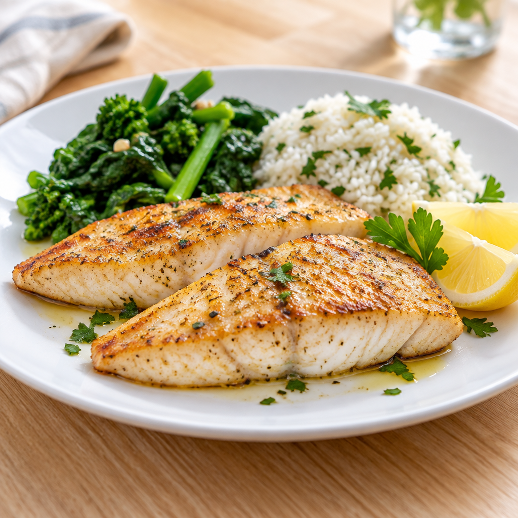 Golden seared basa fillets plated with rice, broccolini and lemon