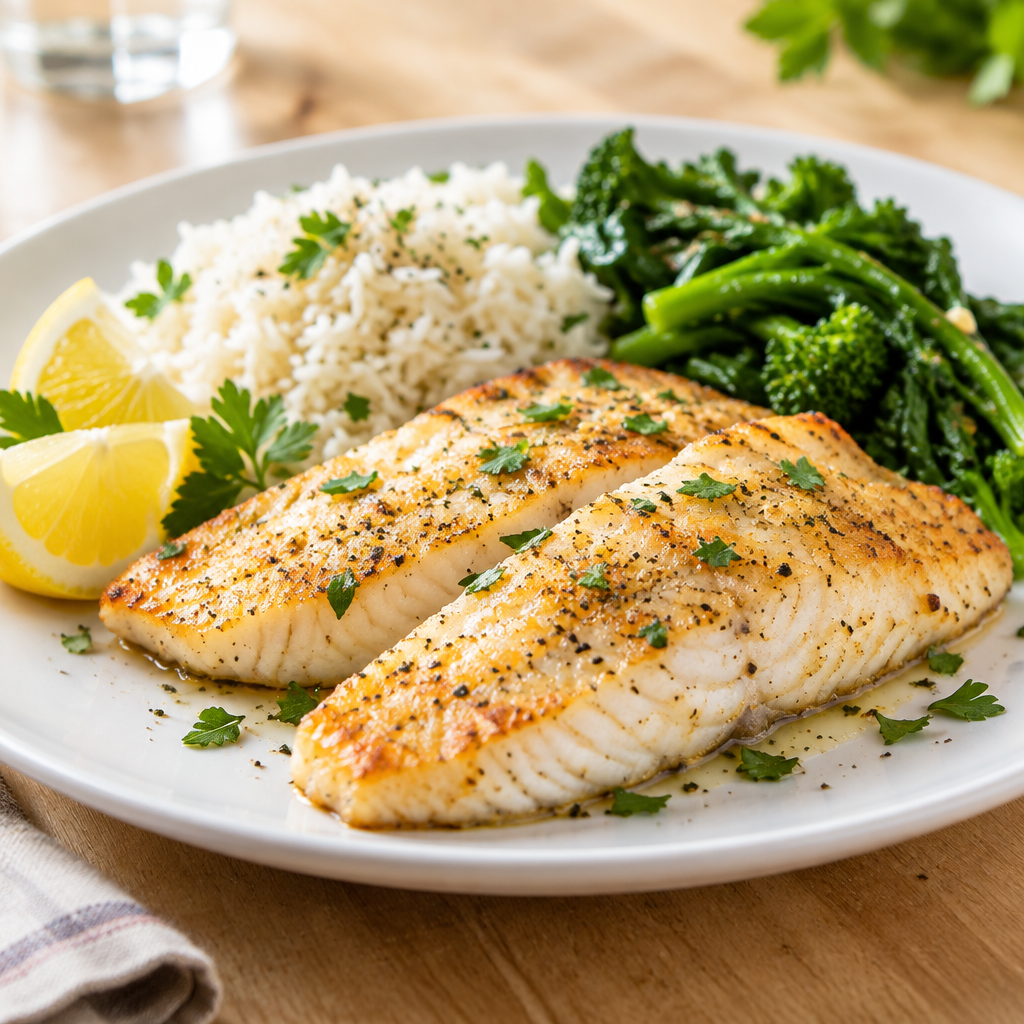 Pan-seared basa fillets served with rice, greens and lemon