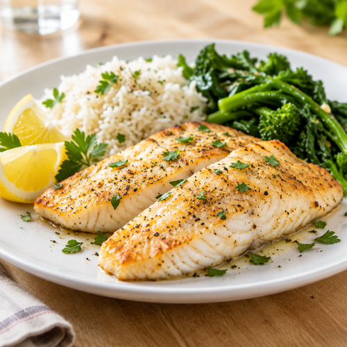 Pan-seared basa fillets served with rice, greens and lemon